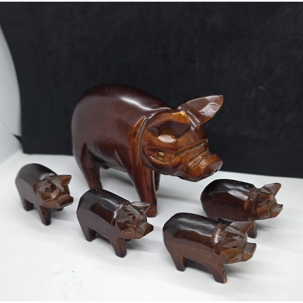 Set of 5 Carved Dark Wood Wooden  Pig Piglets Figurines Mom & Babies